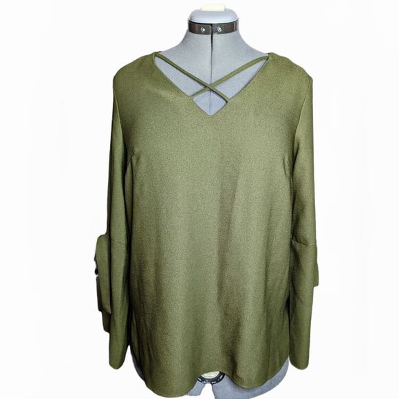Zac & Rachel Olive Green V-Neck Bell Sleeve Top, Size Medium - Picture 1 of 6